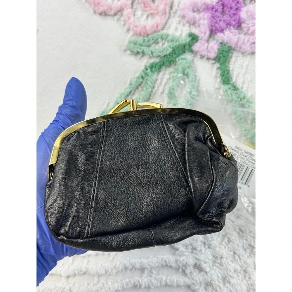 Classic Black Sheep Leather Dual Clasp Large Coin Purse Gold Hardware USN-6573